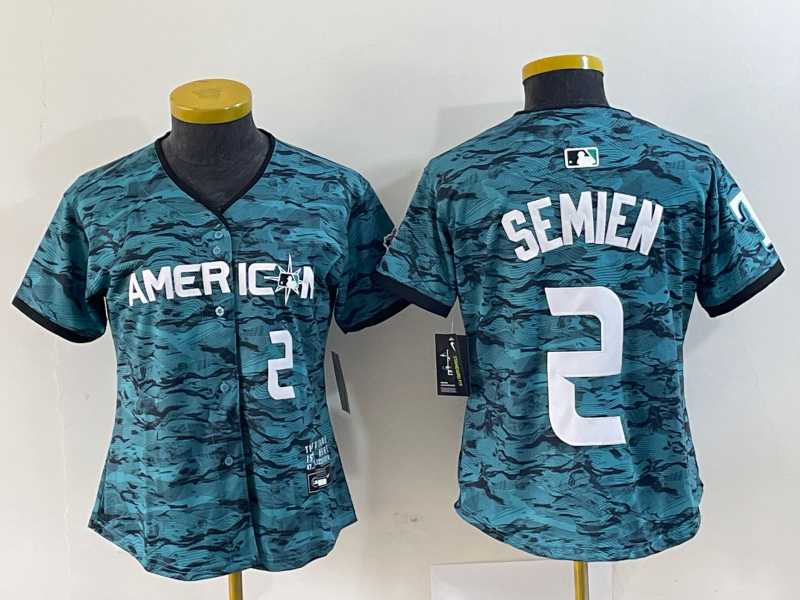 Womens Texas Rangers #2 Marcus Semien Number Teal 2023 All Star Stitched Baseball Jersey